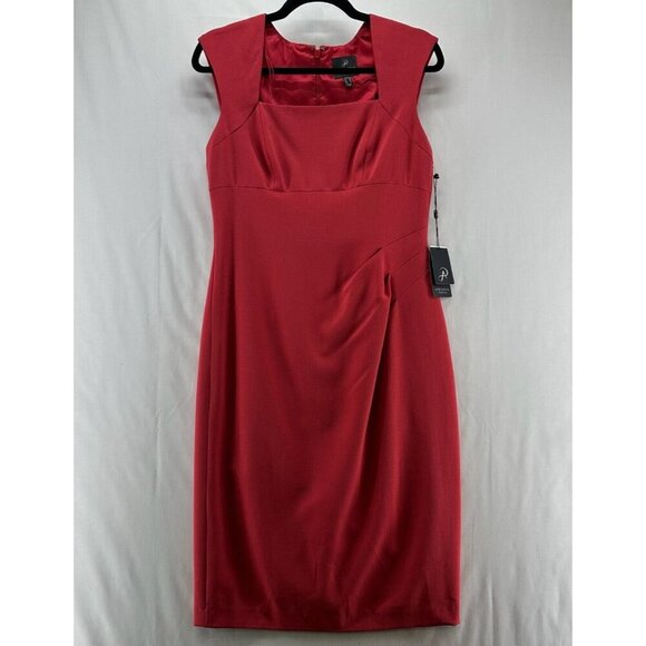 Adrianna Papell Dress Sz 6 Crepe Sheath Drape Pleated Square Neck Cap Sleeve Red - Picture 1 of 11